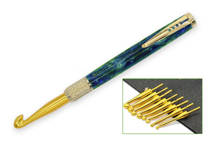 Gold crocheting hook kit set Upgraded style crochet hook set with knurling, you screw the crochet hook into the crochet hook holder. The new system allows a strong fit.  It is an ideal useful gift for anyone and these sell well at craft fairs