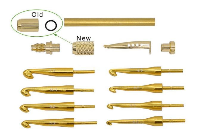 Gold crocheting hook kit set Upgraded style crochet hook set with knurling, you screw the crochet hook into the crochet hook holder. The new system allows a strong fit.  It is an ideal useful gift for anyone and these sell well at craft fairs