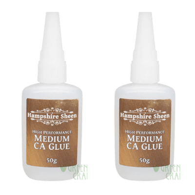 2 bottles of Hampshire Sheen Medium viscosity CA glue 50g each bottle  This Medium CA (Superglue) Glue is a high quality, fast-drying adhesive made for a variety of purposes. It bonds quickly and securely to a wide range of materials, including metal, plastic, fabric, and more.